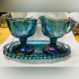 Vintage Indiana Glass blue carnival glass harvest grape cream & sugar on tray.